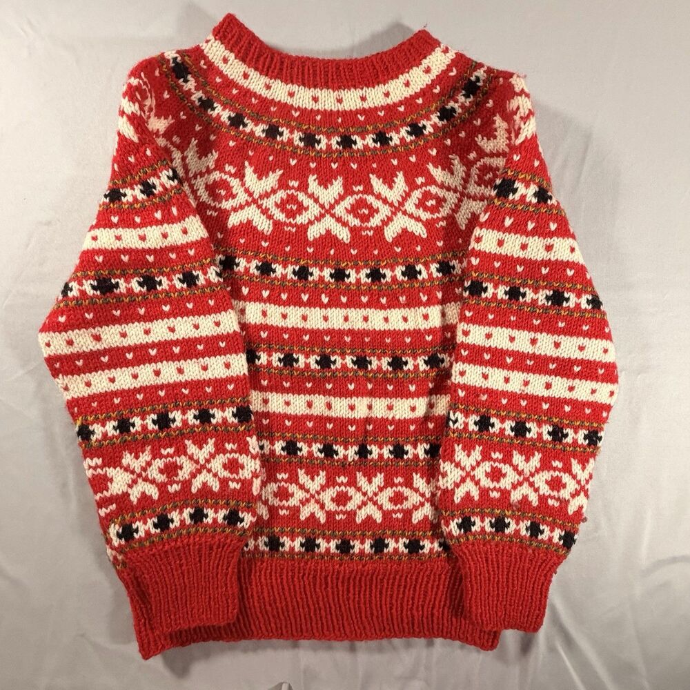 Vtg William Schmidt Co Oslo Norwegian Sweater Handknit Nordic Cottagecore Red